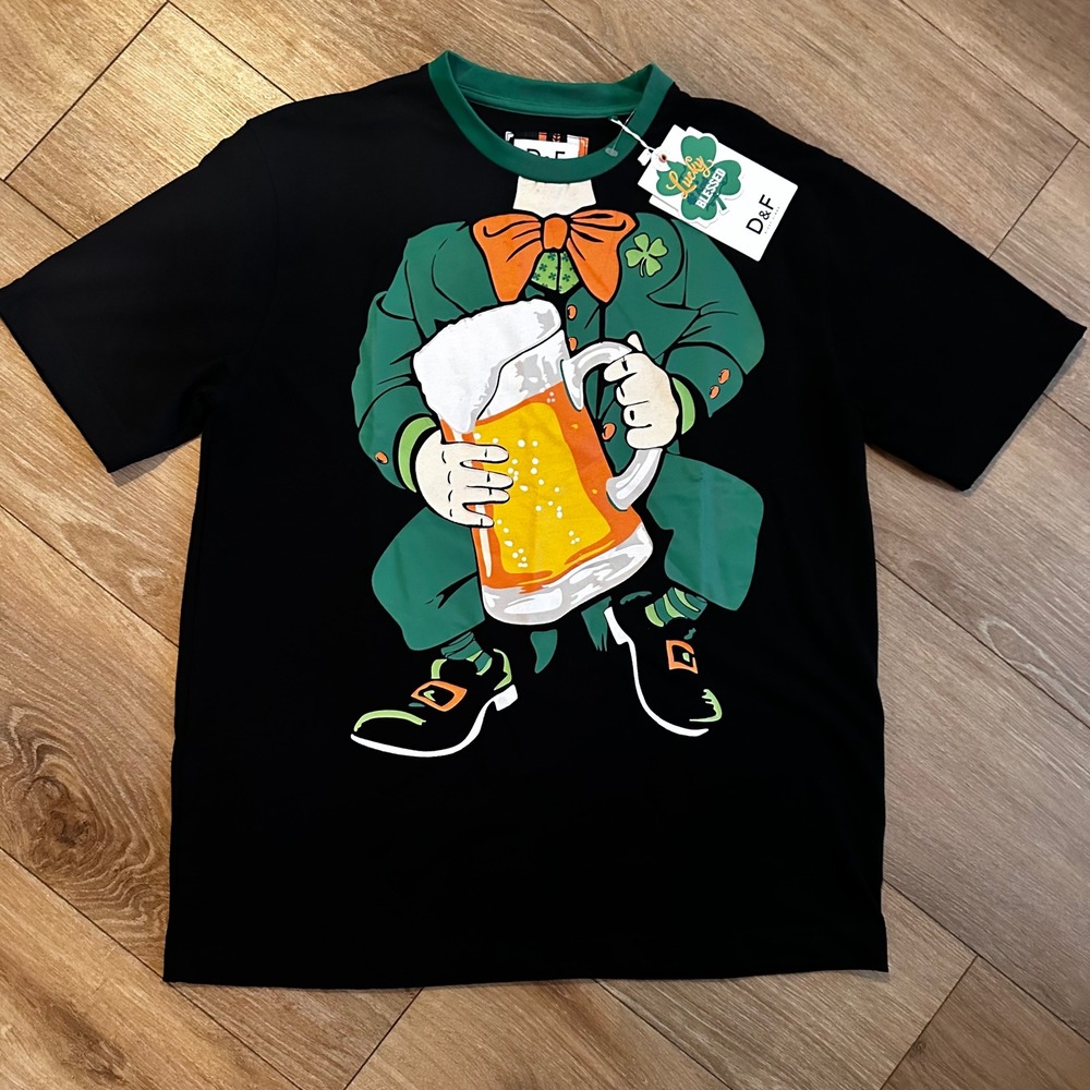 D&F Ricky Singh Mens St Patricks Day Leprechaun Beer T-Shirt Black Small NWT